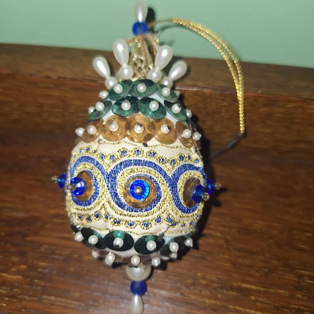 Beaded Satin Sequin Push Pin Ornament Red Ball White Blue Egg Vintage Christmas